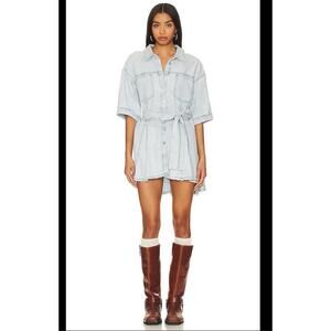 Free People We The Free Jenny Denim Tunic Dress Sz Small Belted Indigo